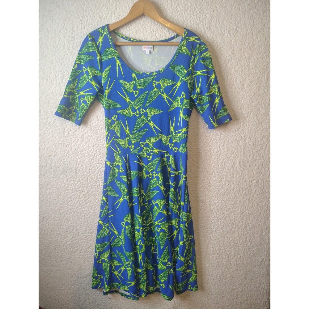 LuLaRoe Nicole Dress Medium Blue Lime Green Swallow Bird Print Fit Flare Dress